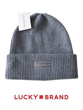 Lucky Brand Gray Heather Knit Beanie Hat OS NWT Ribbed Cuff Winter Cap